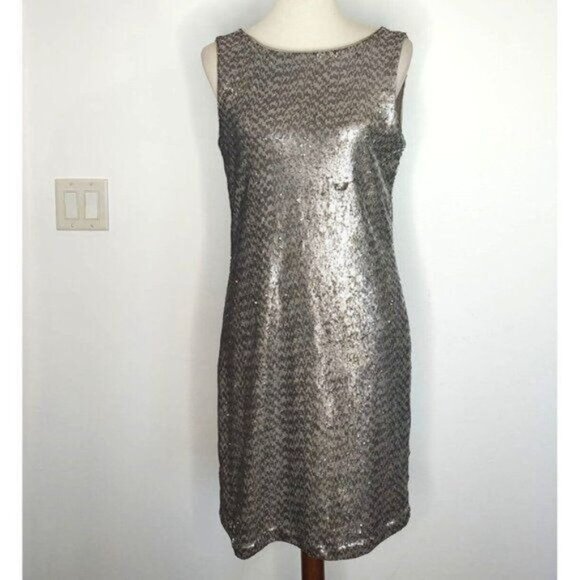 White House Black Market Sequin Dress Silver Gold M Cocktail Party Metallic - Picture 3 of 10
